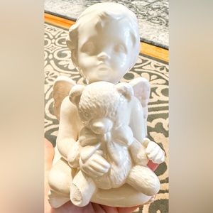Cream Colored Ceramic Angel with Teddy Bear